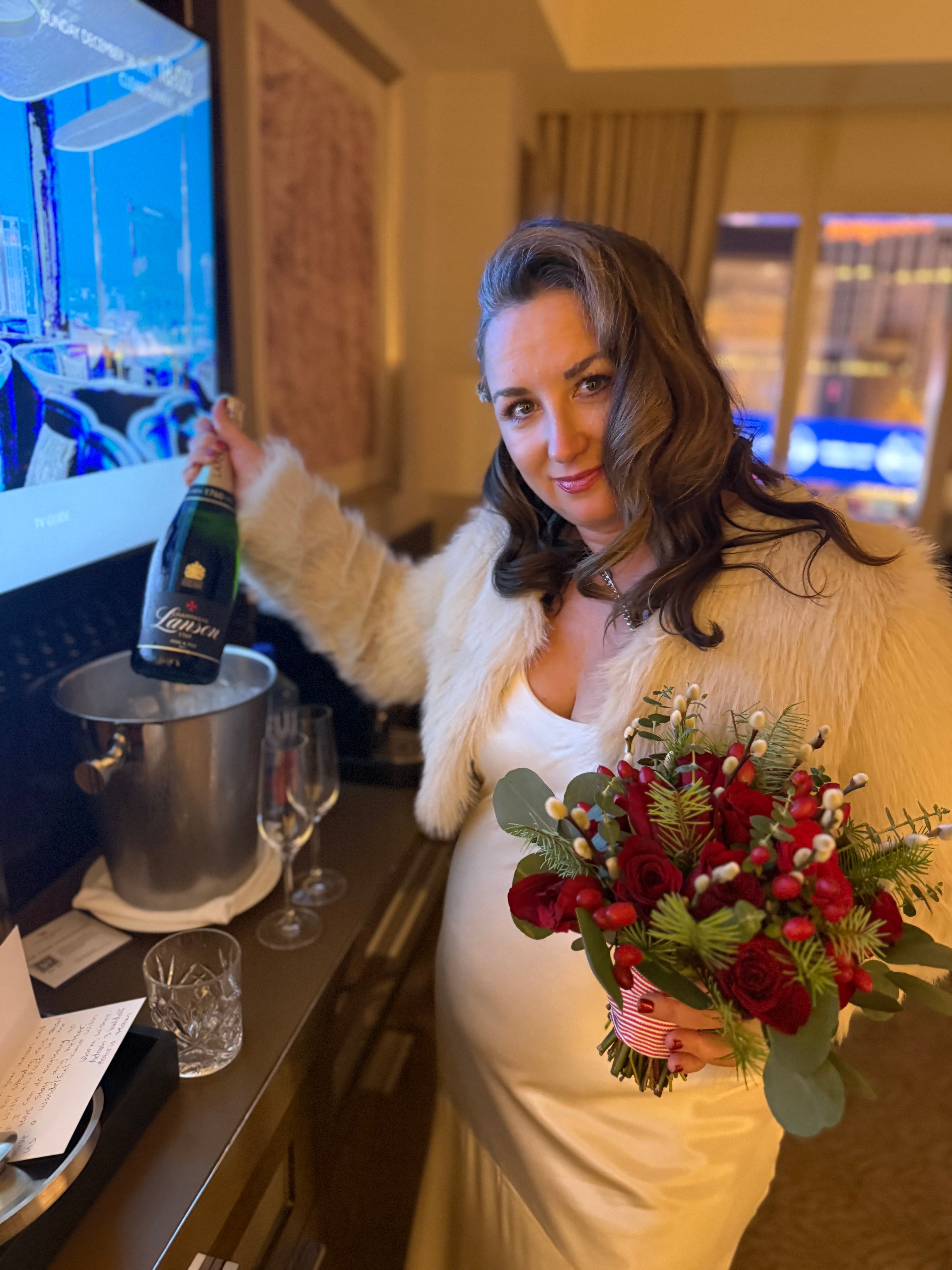 Natalie getting ready with champagne