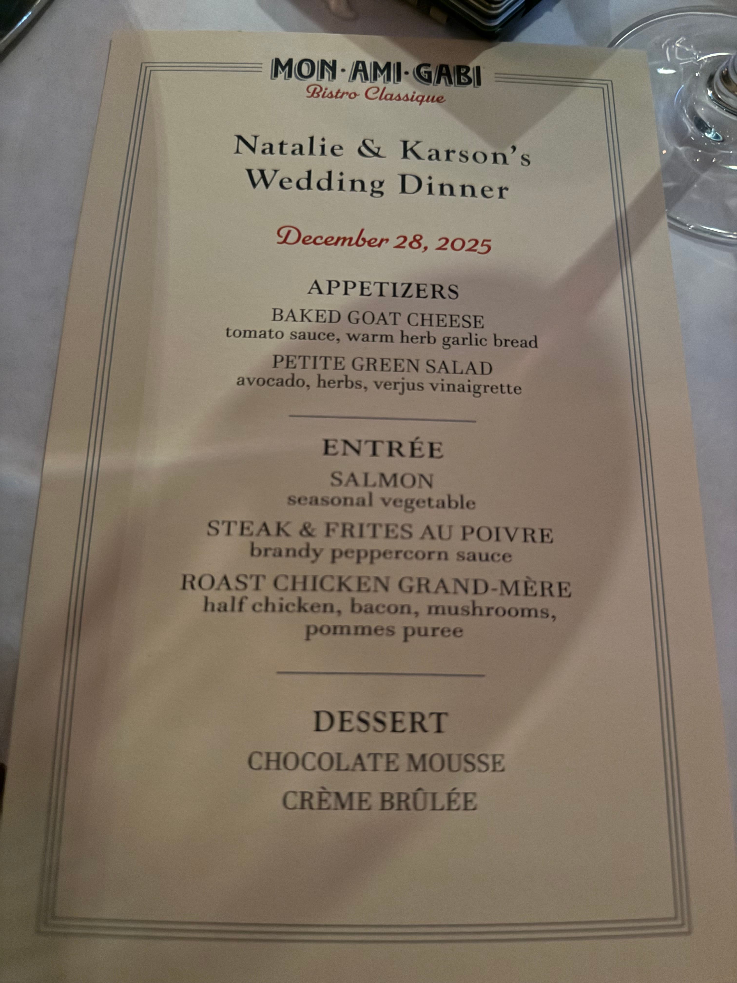 Wedding dinner menu